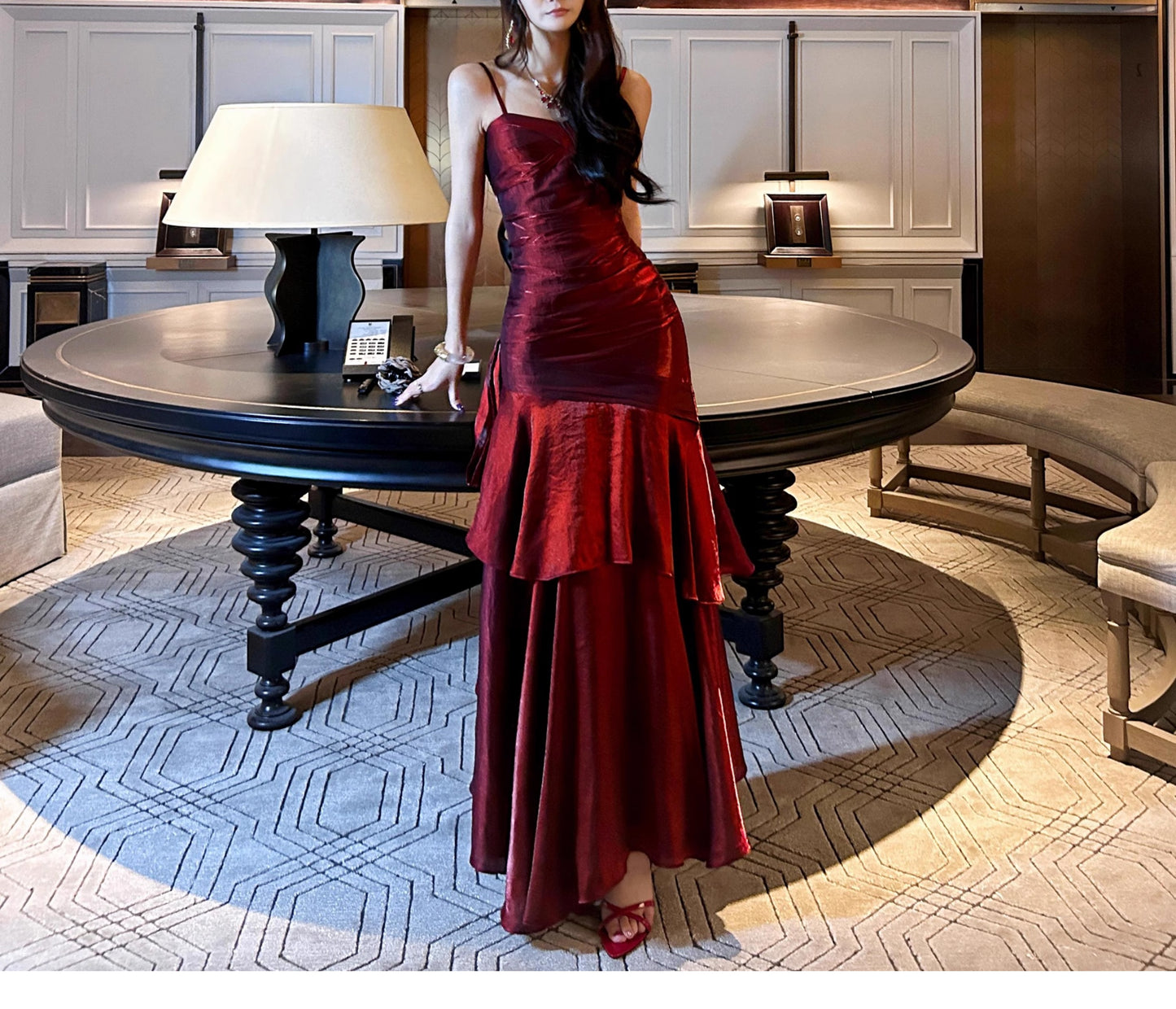 Elegant Mermaid Spaghetti Straps Sleeveless Dark Red Burgundy Long Evening Dress Prom Dresses DP231