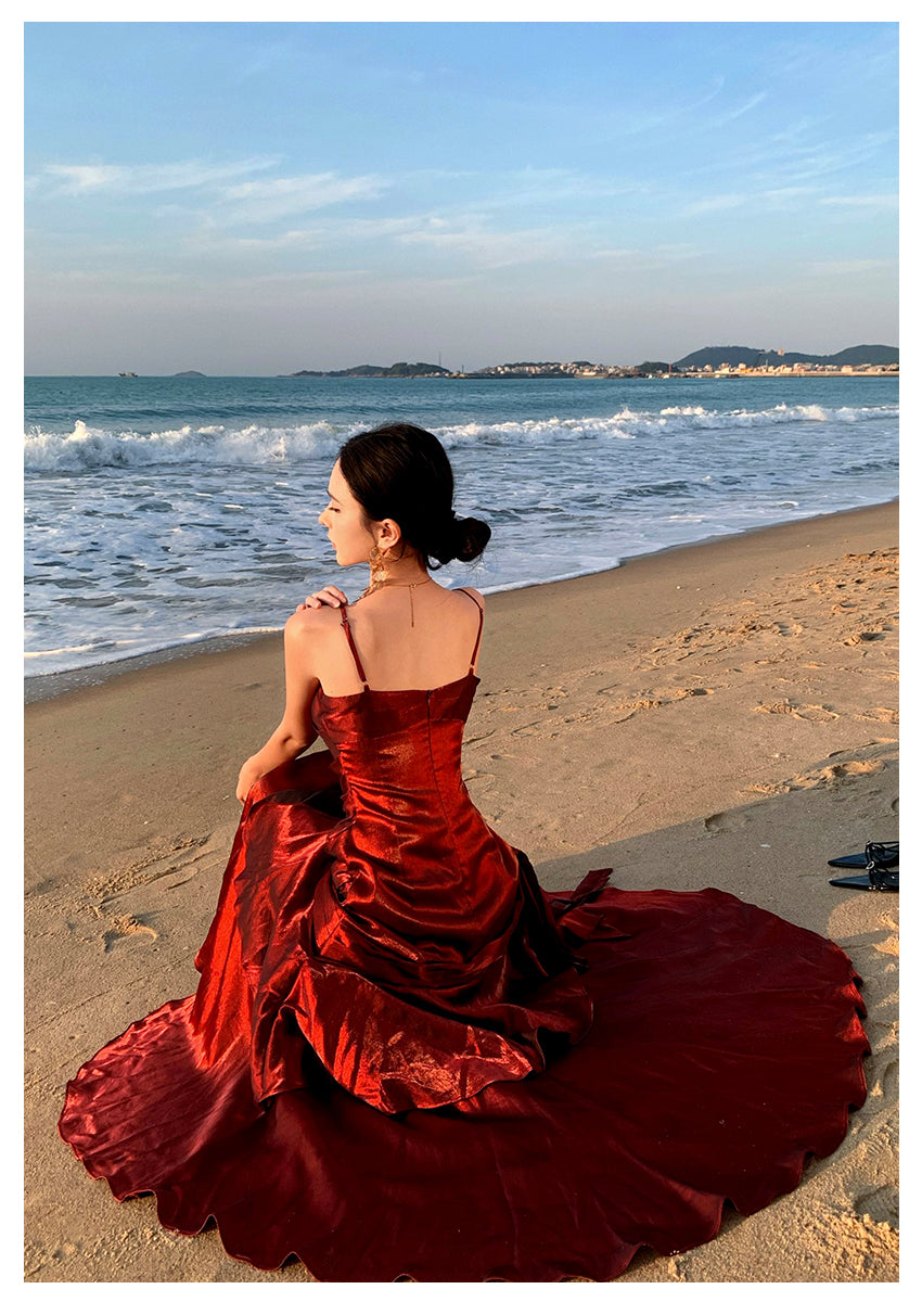 Modest Mermaid Spaghetti Straps Sleeveless Maroon Red Long Evening Dress Prom Dresses DP233