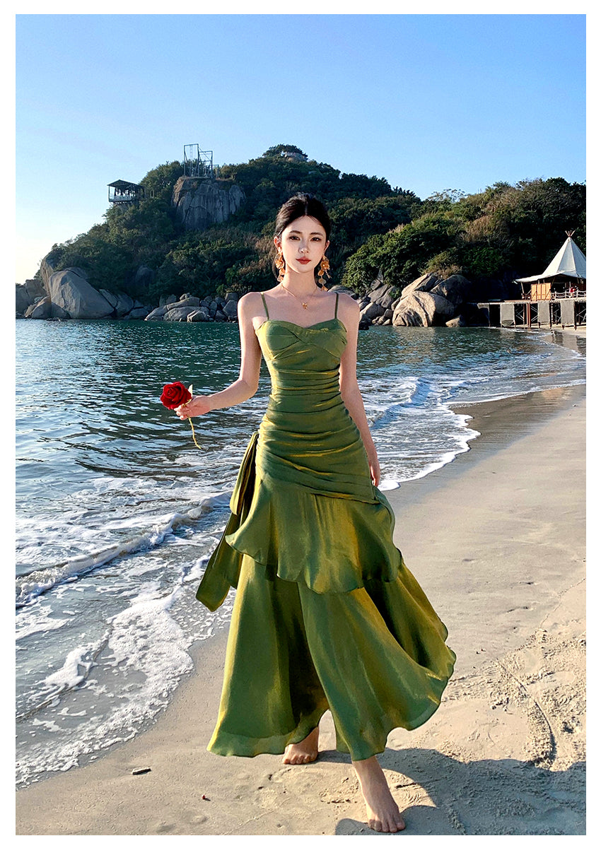 Pretty Mermaid Spaghetti Straps Sleeveless Green Prom Gown Long Evening Dress Prom Dresses DP235