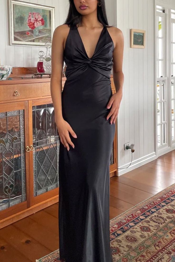 Robe de soirée longue en satin plissé, col en V, chic, dos nu, sans manches, robe de bal DP239