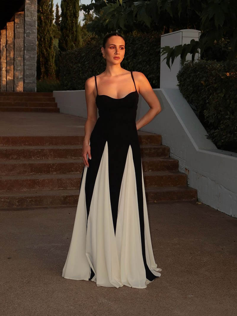 Elegant Pink A-Line Spaghetti Straps Black Satin Party Dress Long Prom Dresses DP244