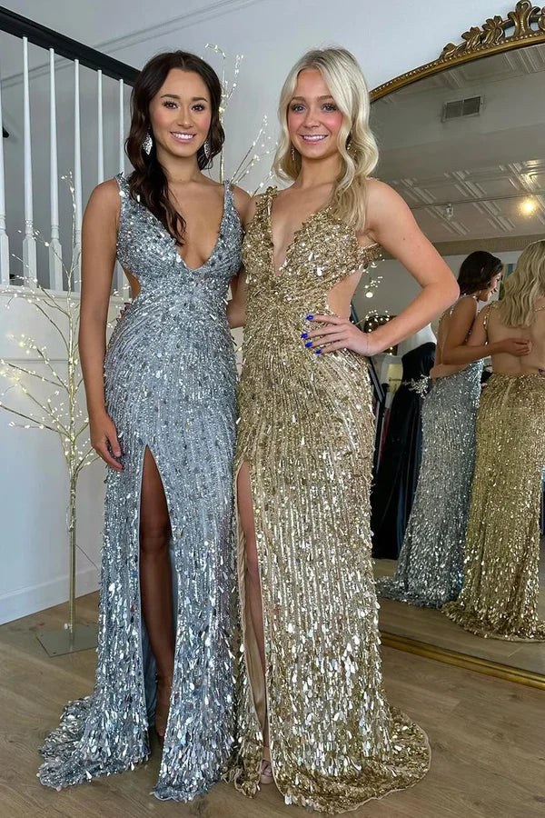 Elegant Gold Sequins Mermaid Long Prom Dresses with Slit Sexy Prom Dress DP249