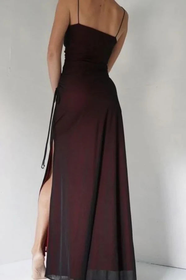 Sexy Sheath Spaghetti Straps Burgundy Floor-length Long Prom Dress with Silt Birthday Outfits Party Dress Formal Dress DP250