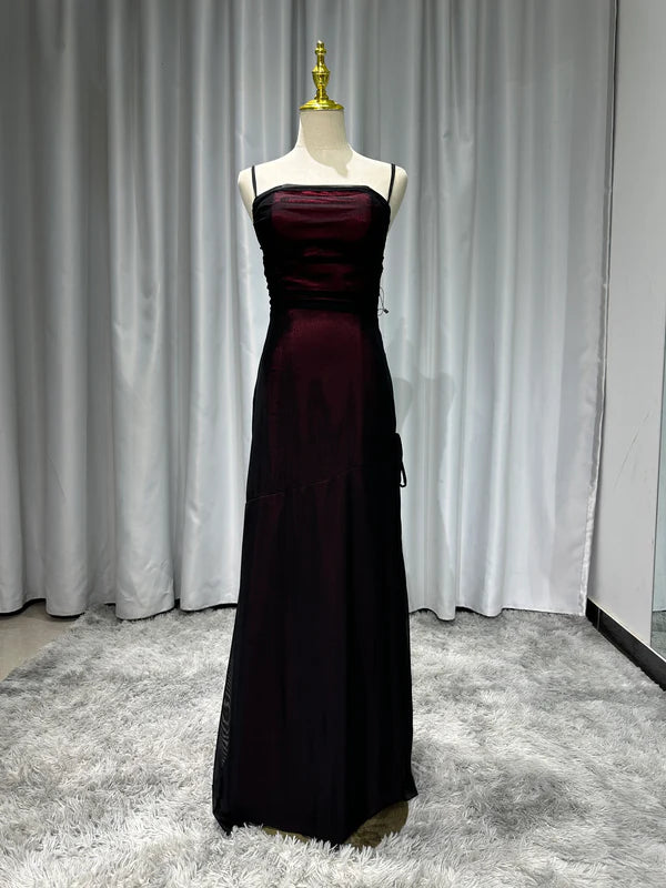 Sexy Sheath Spaghetti Straps Burgundy Floor-length Long Prom Dress with Silt Birthday Outfits Party Dress Formal Dress DP250