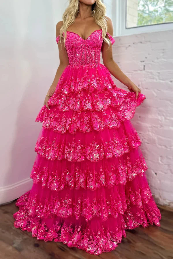 Robe de bal chic à paillettes, corset rose vif, épaules dénudées, dentelle, longue, robe de soirée, DP252