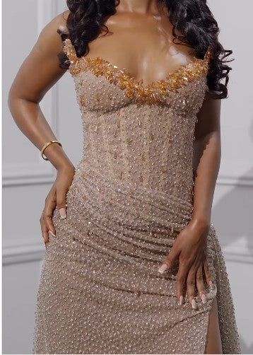 Sexy Beaded Neckline Long Sequined Mermaid Slit Evening Dress Birthday Outfits Party Dress Formal Dress DP253