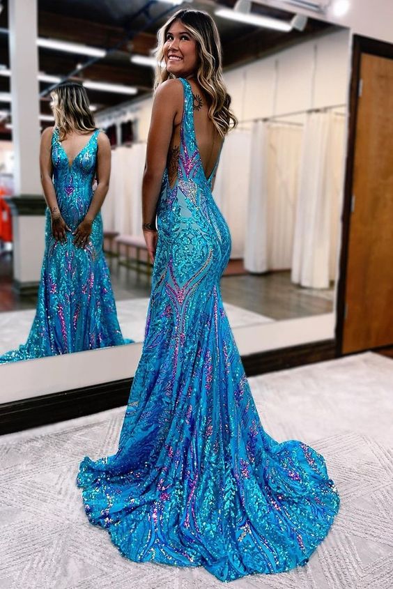 Sexy Charming Mermaid V Neck Blue Sequined Lace Long Prom Dress Evening Dresses DP254