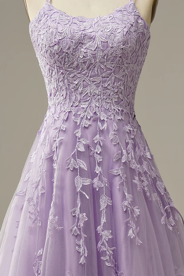 A-Line Purple Spaghetti Straps Long Prom Dress with Appliques Birthday Outfits Party Dress Formal Dress DP258