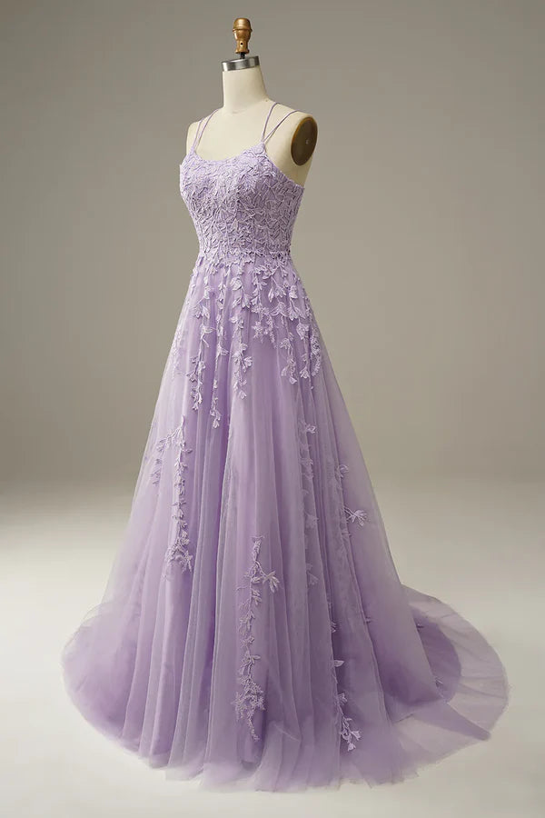 A-Line Purple Spaghetti Straps Long Prom Dress with Appliques Birthday Outfits Party Dress Formal Dress DP258