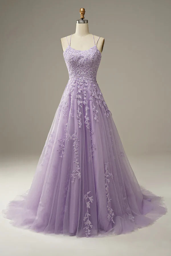 A-Line Purple Spaghetti Straps Long Prom Dress with Appliques Birthday Outfits Party Dress Formal Dress DP258