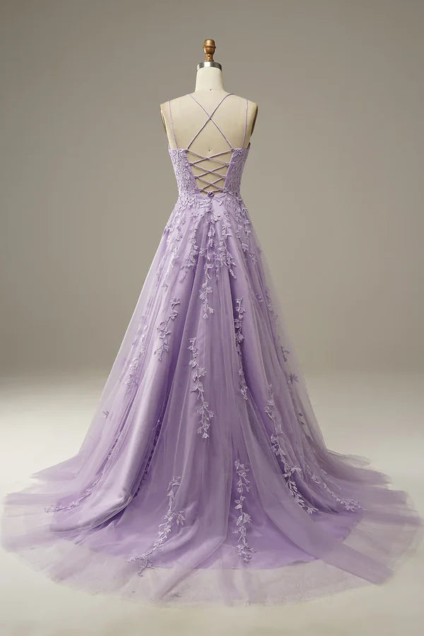 A-Line Purple Spaghetti Straps Long Prom Dress with Appliques Birthday Outfits Party Dress Formal Dress DP258