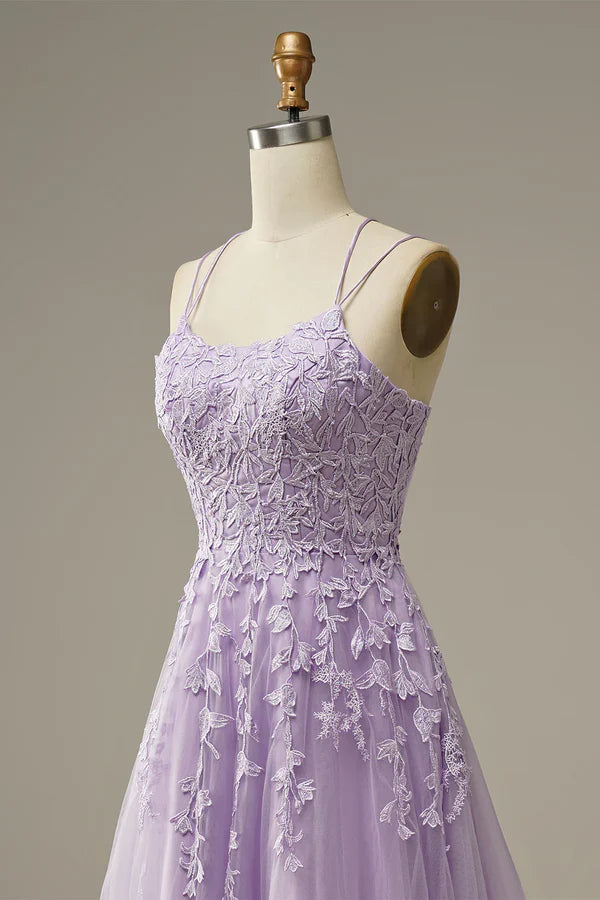 A-Line Purple Spaghetti Straps Long Prom Dress with Appliques Birthday Outfits Party Dress Formal Dress DP258