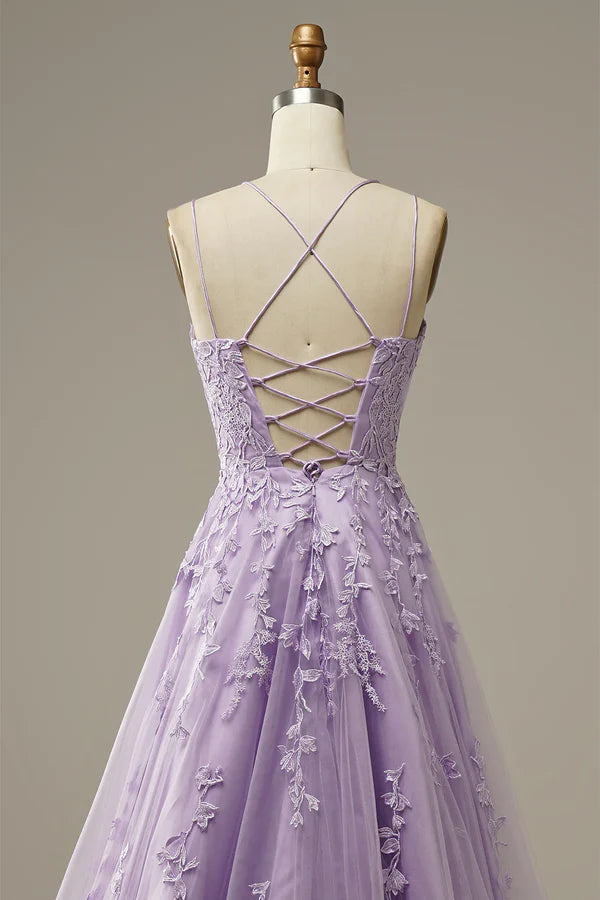 A-Line Purple Spaghetti Straps Long Prom Dress with Appliques Birthday Outfits Party Dress Formal Dress DP258