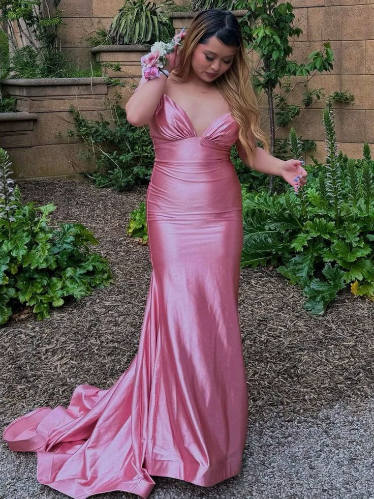 Pretty V Neck Pink Satin Mermaid Sleeveless Long Prom Dress DP274