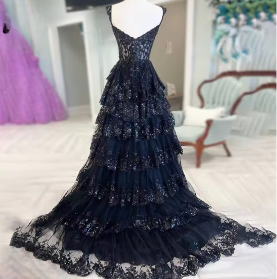 Sexy A-Line Tulle Sequin Black Long Prom Dresses, Black Sequin Long Formal Dress DP275