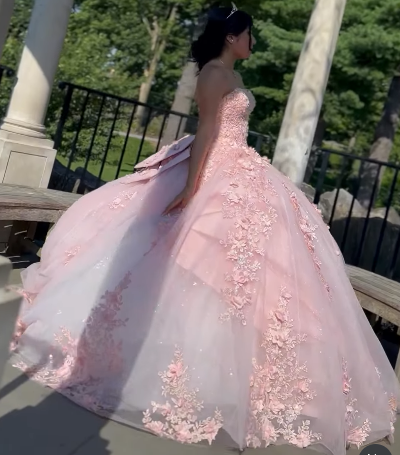 Modest Ball Gown Sweetheart Neck Blush Pink Tulle Applique Long Quinceanera Dress Formal Gowns Vestido De 15 Anos Sweet 16 Dress DP2756