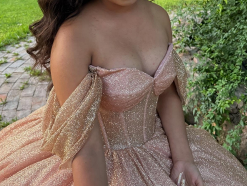 Modest Ball Gown Off-the-shoulder Gold Glitter Tulle Applique Long Quinceanera Dress Formal Gowns Vestido De 15 Anos Sweet 16 Dress DP2757