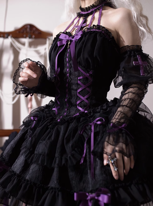 Vintage Ball Gown Halter Black/Purple Tulle Lace 22nd Birthday Dress Lolita Dress Cute Lolita Outfits DP2762