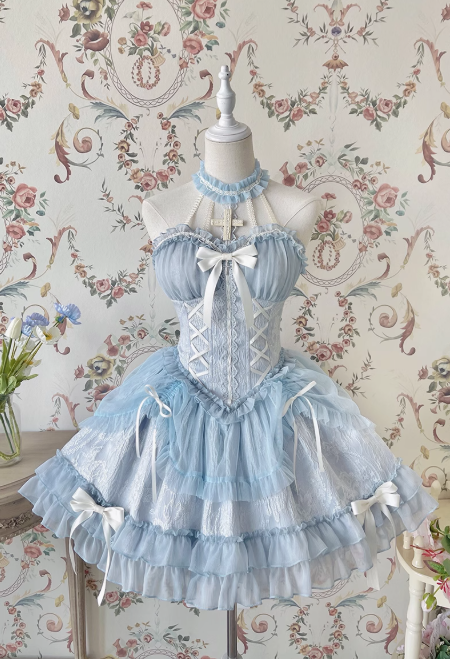 Vintage Ball Gown Halter White/Blue Tulle Lace 22nd Birthday Dress Lolita Dress Cute Lolita Outfits DP2763