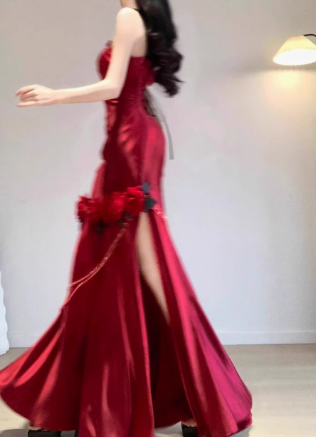 Modest Mermaid One-shoulder Long Evening Gown Burgundy Formal Dress Applique Satin Slit Prom Dress DP2798