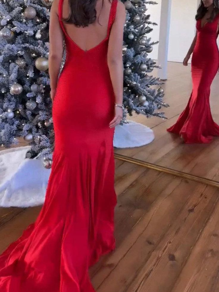 Pretty Mermaid Deep V-Neck Beaded Satin Long Prom Dresses DP280