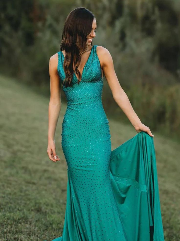 Pretty Mermaid Deep V-Neck Beaded Satin Long Prom Dresses DP280