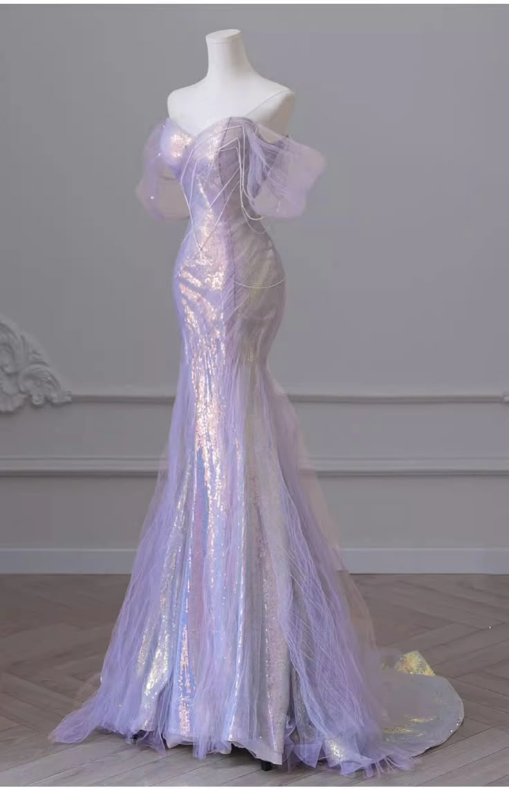 Sexy Purple Laser Sequin Beaded Mermaid Women Evening Dress with Puff Sleeves Tassel Pearls Tulle Train Prom Gown Formal Dress DP283