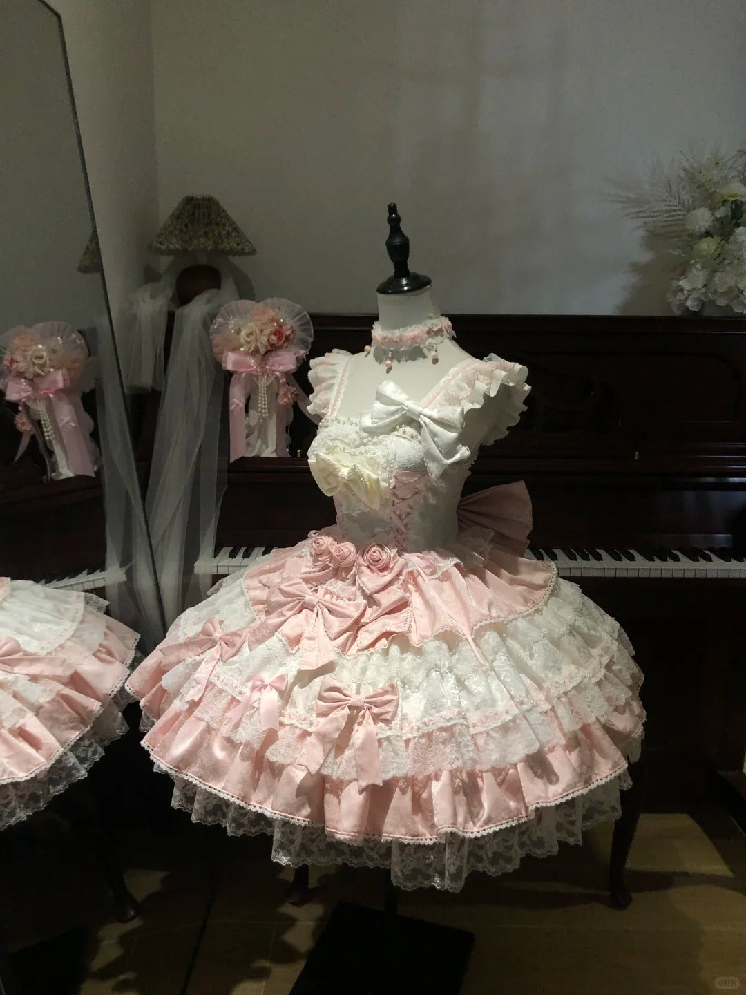 Sweet Pink Ball Gown Square Neck Bow Lace 22nd Birthday Dresses Lolita Dress Cute Lolita Outfits DP2831