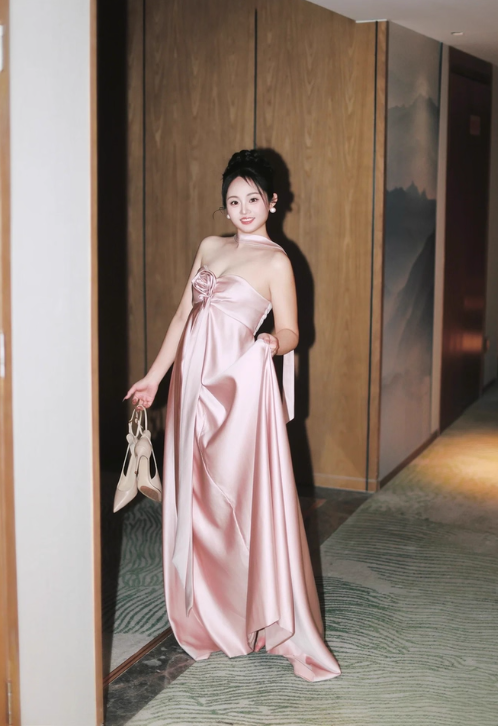 Modest Pink Empire Dress Satin Strapless Long Evening Dress Elegant Formal Dress Wedding Guest Dress DP2832