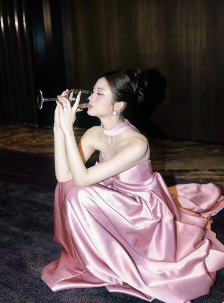 Modest Pink Empire Dress Satin Strapless Long Evening Dress Elegant Formal Dress Wedding Guest Dress DP2832
