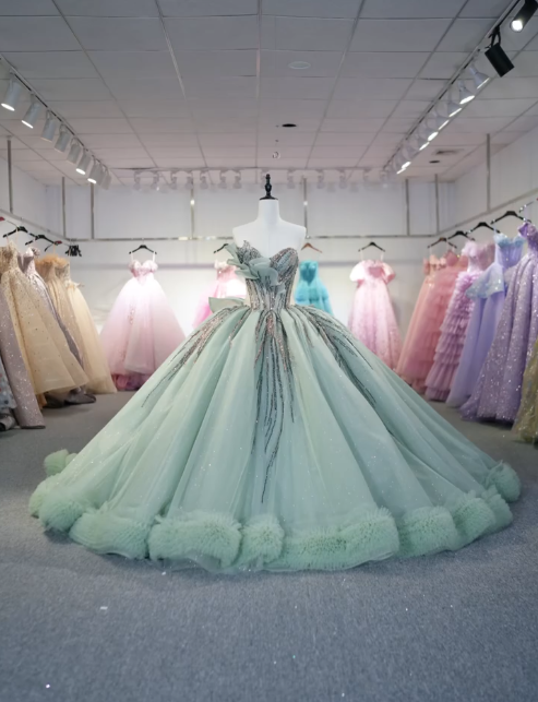 Elegant Ball Gown Sweetheart Neck Green Tulle Beaded Long Quinceanera Dress Formal Gowns Vestido De 15 Anos Sweet 16 Dress DP2842