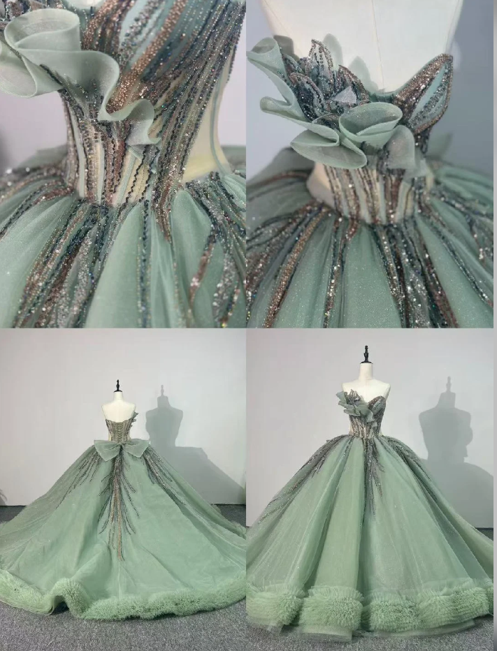 Elegant Ball Gown Sweetheart Neck Green Tulle Beaded Long Quinceanera Dress Formal Gowns Vestido De 15 Anos Sweet 16 Dress DP2842