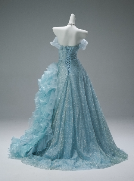 Stunning Off-the-Shoulder Ball Gown Tiered Sequined Mesh Flower Long Quinceanera Dress Blue Formal Gowns Vestido De 15 Anos Sweet 16 Dress DP2849