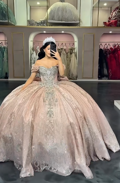 Fairy Off-the-shoulder Long Ball Gown Elegant Pink Quinceanera Dress Beaded Tulle Sweet 16 Dress DP2856