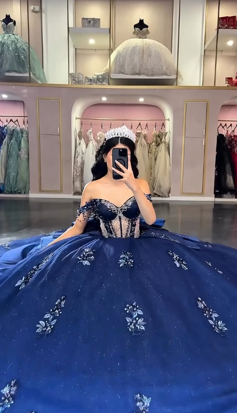 Fairy Off-the-shoulder Long Ball Gown Elegant Navy Blue Quinceanera Dress Beaded Tulle Sweet 16 Dress DP2857