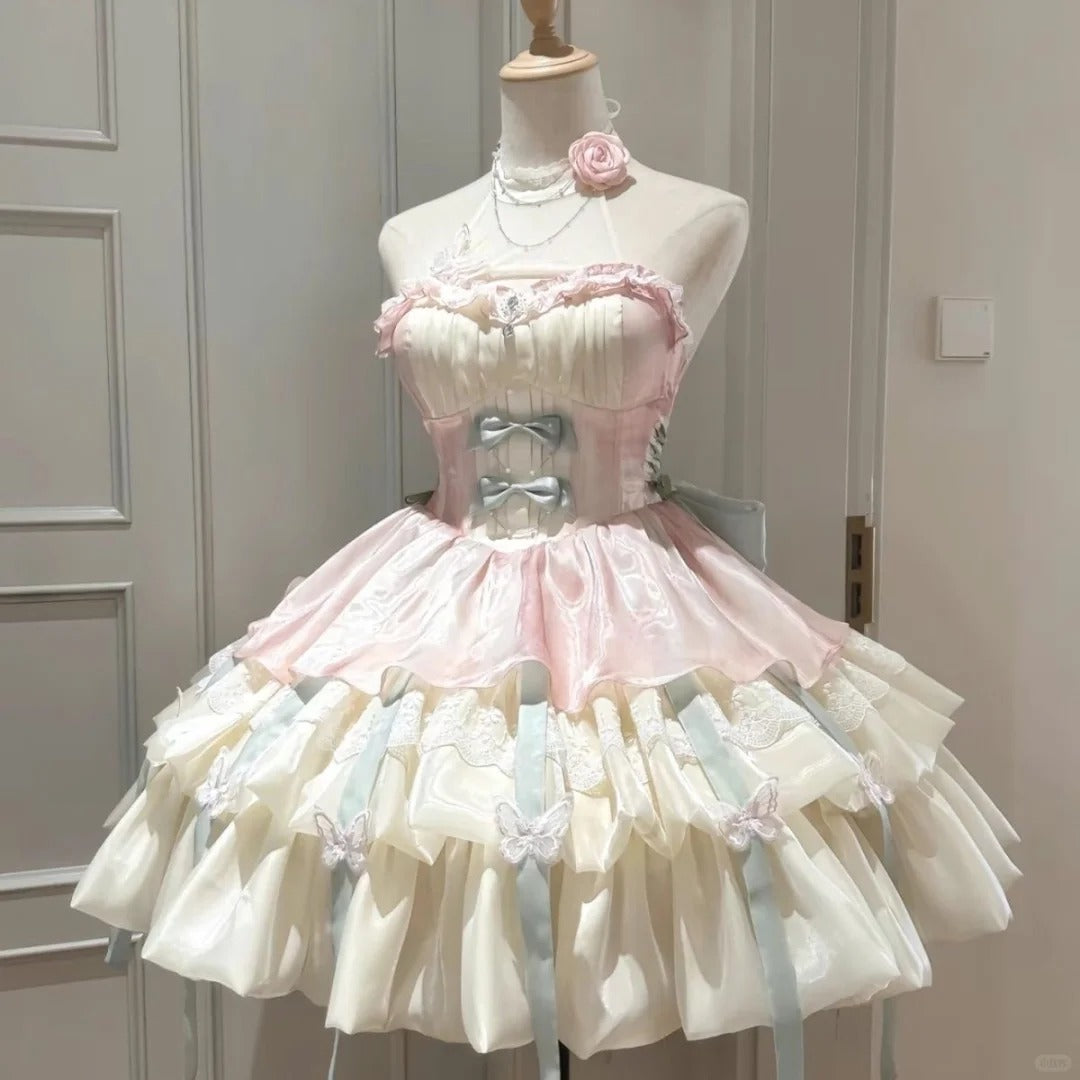 Vintage Ball Gown Pink Tulle Lace Spaghetti Straps Short Lolita Outfits 18th Birthday Dress Mini Cute Lolita Dress DP2896