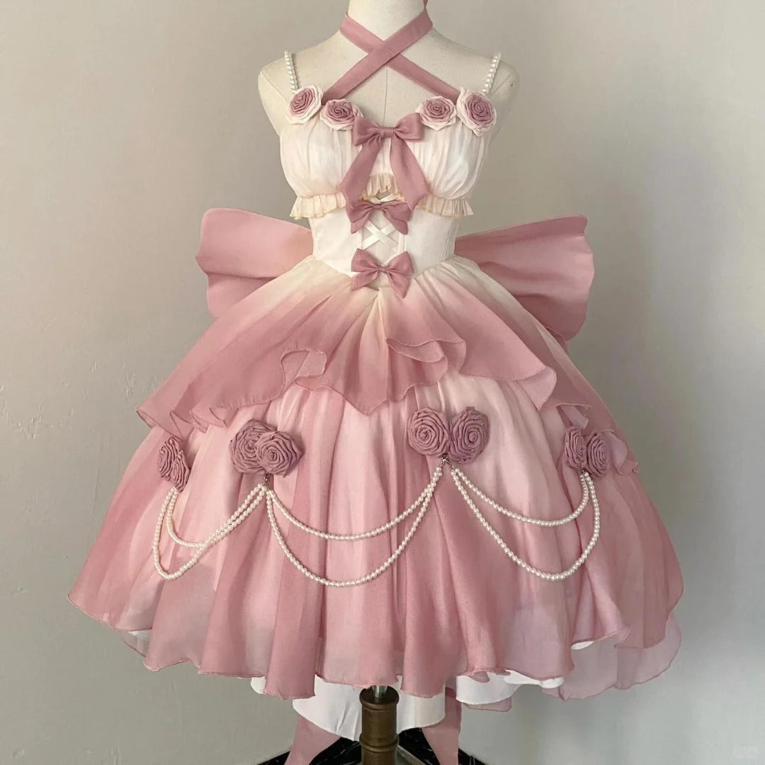 Vintage Ball Gown Pink Tulle Applique Spaghetti Straps Short Lolita Outfits 18th Birthday Dress Mini Cute Lolita Dress DP2897