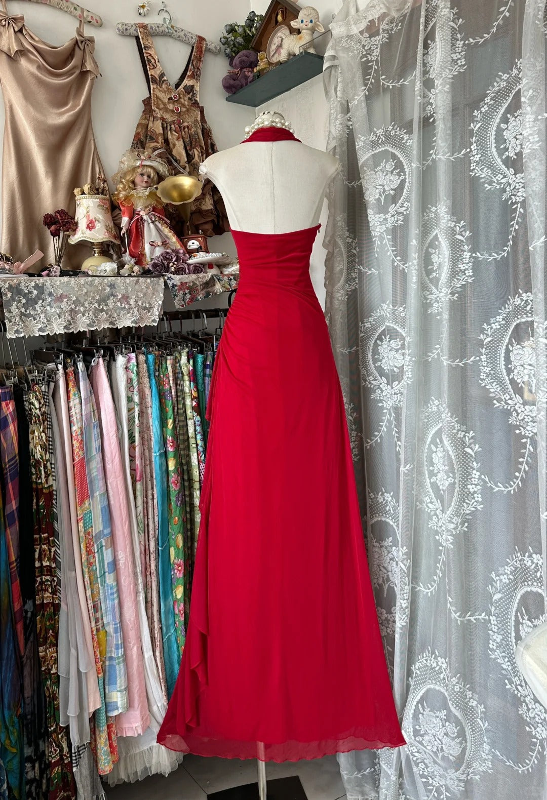 Vintage V-neck Sheath Chiffon Long Red Evening Dress Sweet Birthday Party Dress DP2903