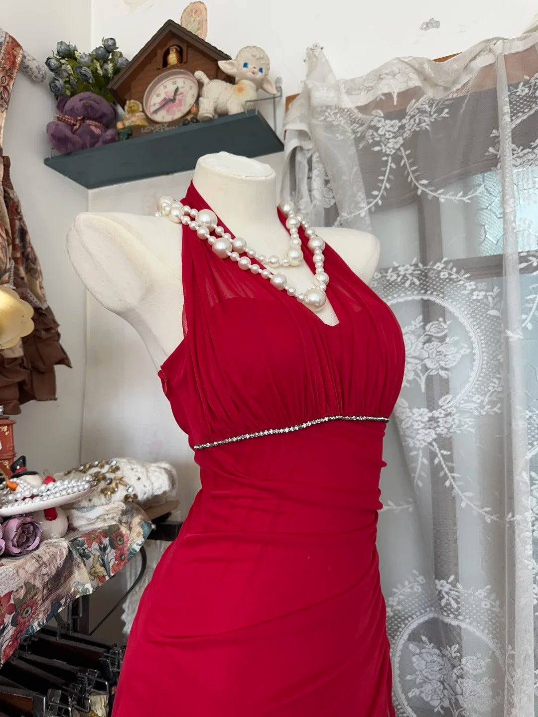 Vintage V-neck Sheath Chiffon Long Red Evening Dress Sweet Birthday Party Dress DP2903