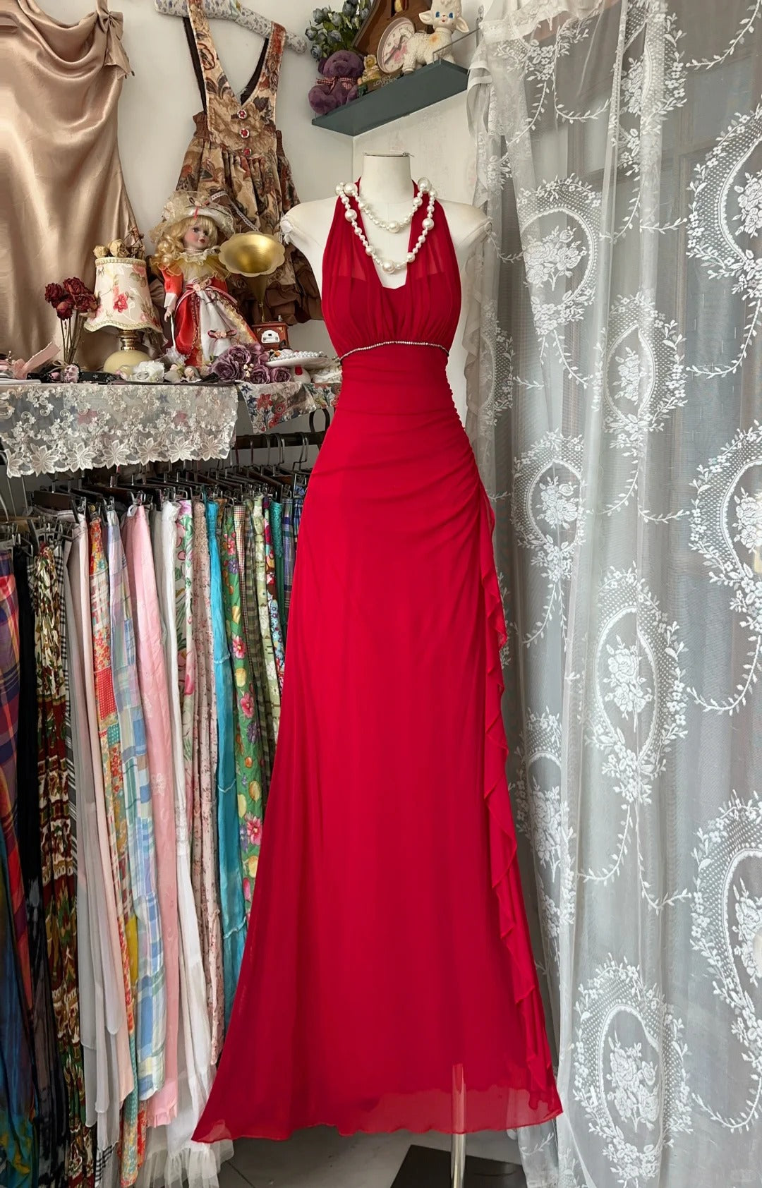 Vintage V-neck Sheath Chiffon Long Red Evening Dress Sweet Birthday Party Dress DP2903