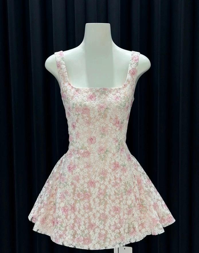 Sweet Pink A-Line Square Neck Short Homecoming Dress Floral Birthday Dress Formal Dress DP2911