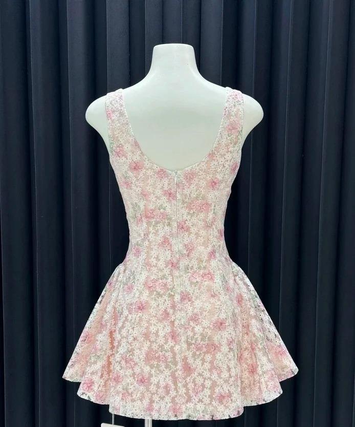 Sweet Pink A-Line Square Neck Short Homecoming Dress Floral Birthday Dress Formal Dress DP2911