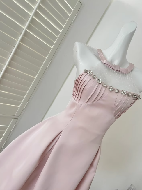 Sweet Pink A-Line Jewel Short Homecoming Dress Satin Birthday Dress Formal Dress DP2913