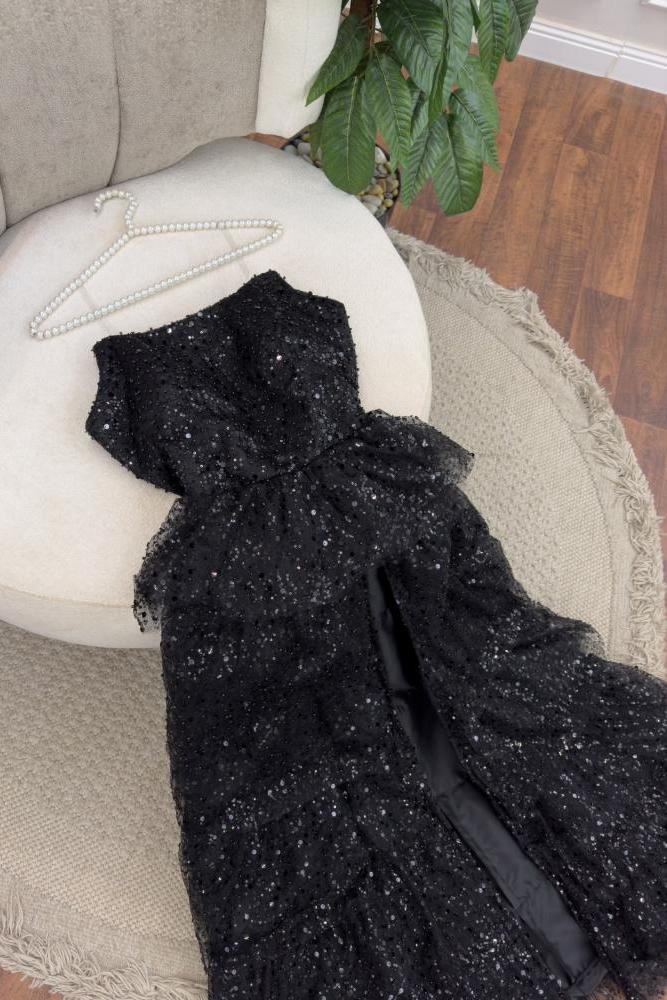 Sparkly Stunning Black Sequined Sleeveless Strapless Long Prom Dress with Split DP291