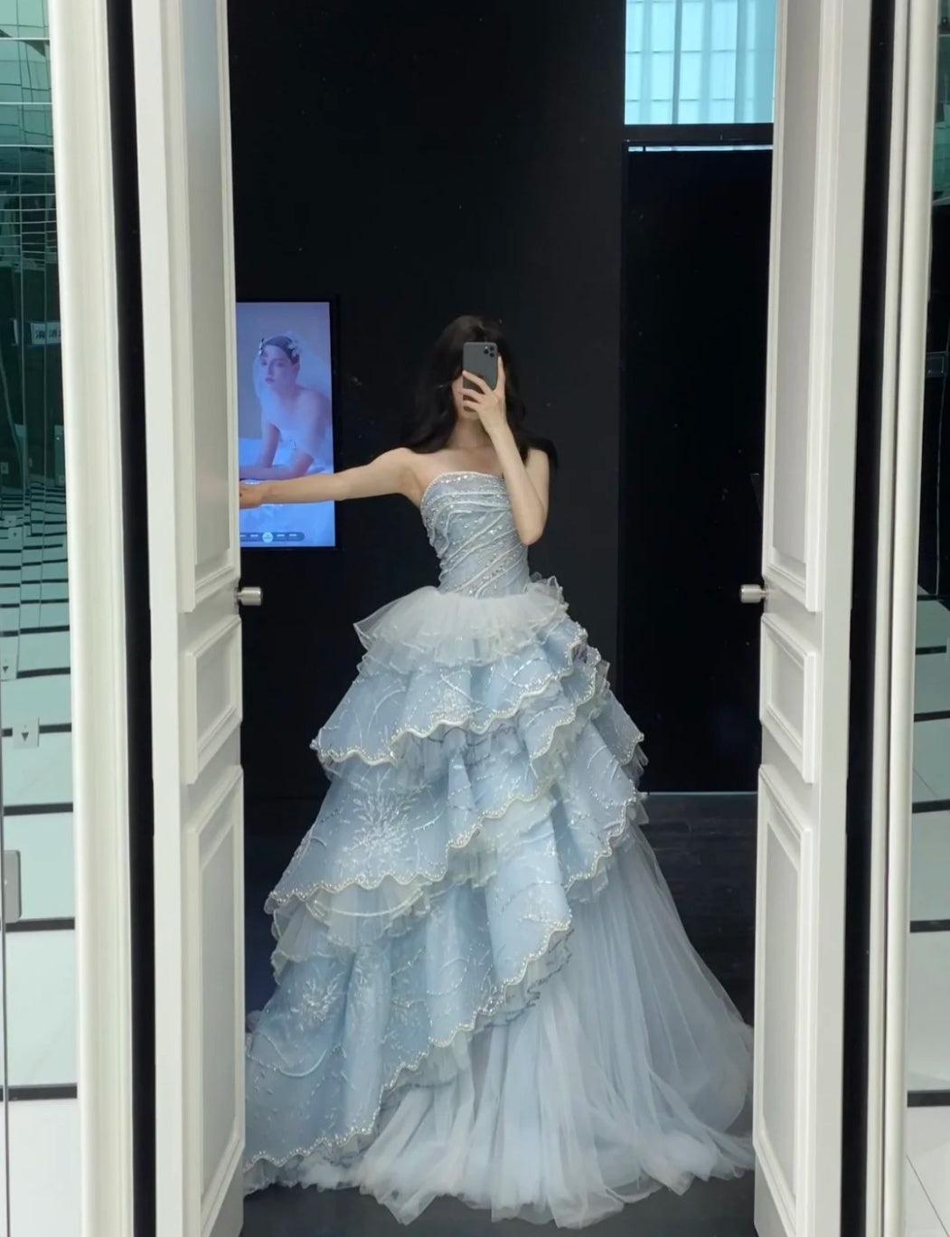 Fairy Strapless Ball Gown Tulle Blue Quinceanera Dress Tulle Sequins Sweet 16 Dress DP2939