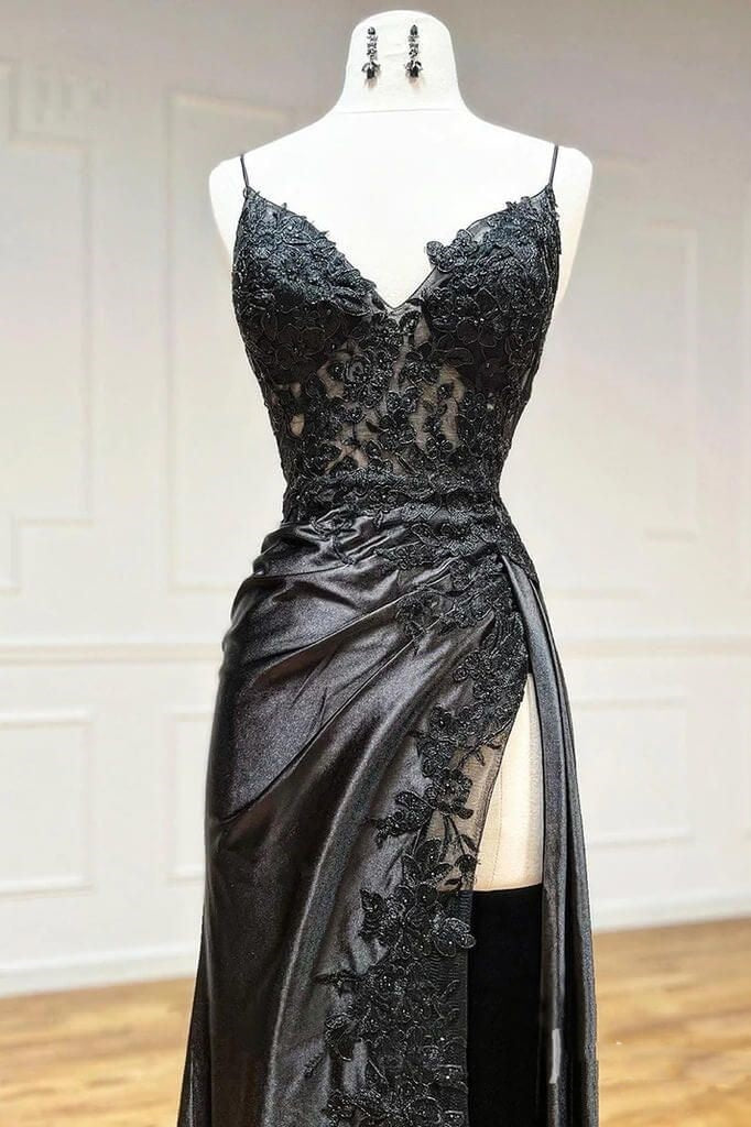 Sexy Sheath Satin Prom Dresses with Slit, Spaghetti Strap Formal Dress DP293