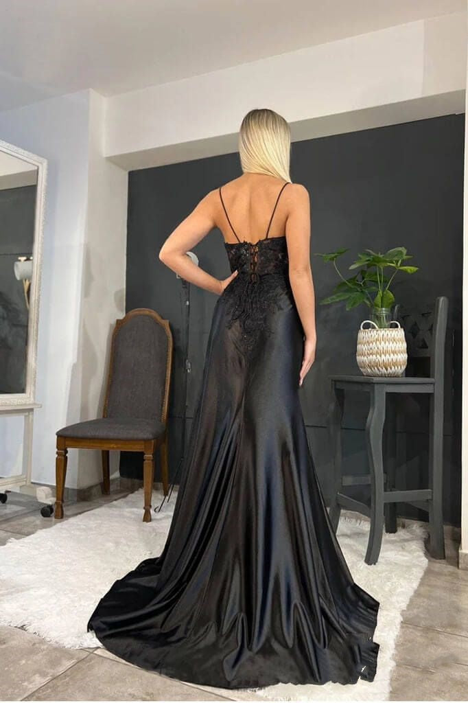 Sexy Sheath Satin Prom Dresses with Slit, Spaghetti Strap Formal Dress DP293