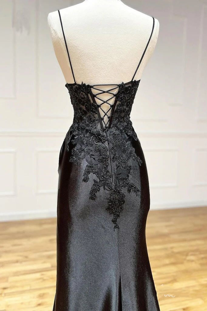Sexy Sheath Satin Prom Dresses with Slit, Spaghetti Strap Formal Dress DP293