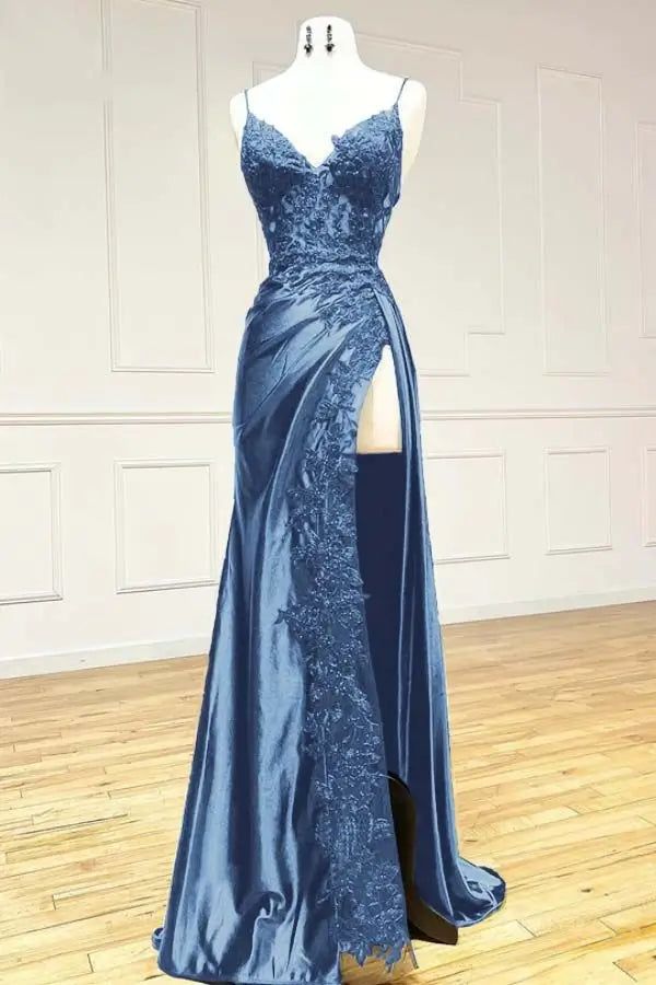 Sexy Sheath Satin Prom Dresses with Slit, Spaghetti Strap Formal Dress DP293
