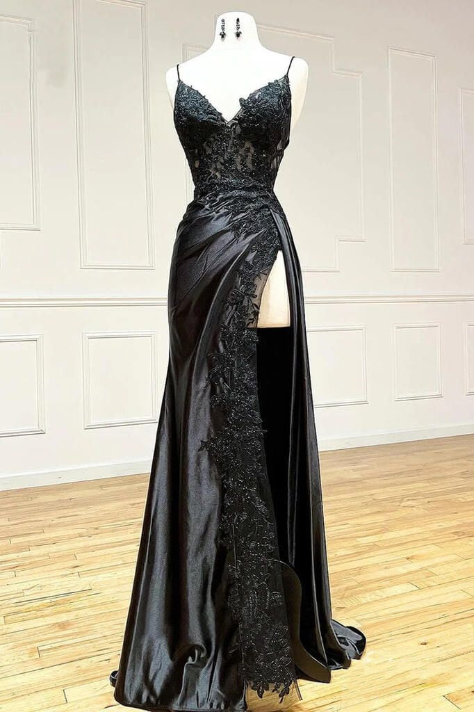 Sexy Sheath Satin Prom Dresses with Slit, Spaghetti Strap Formal Dress DP293